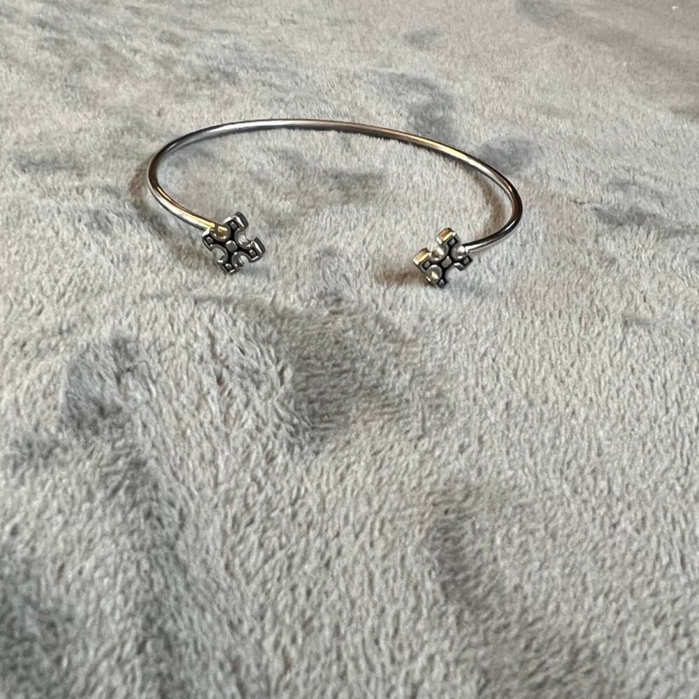 Silver Tone Open Cuff Bracelet Logo Ends Minimalist